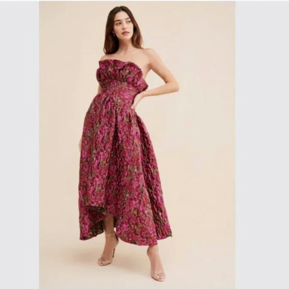 Elliatt Camellia Purple Floral Brocade Strapless Maxi Dress Gown